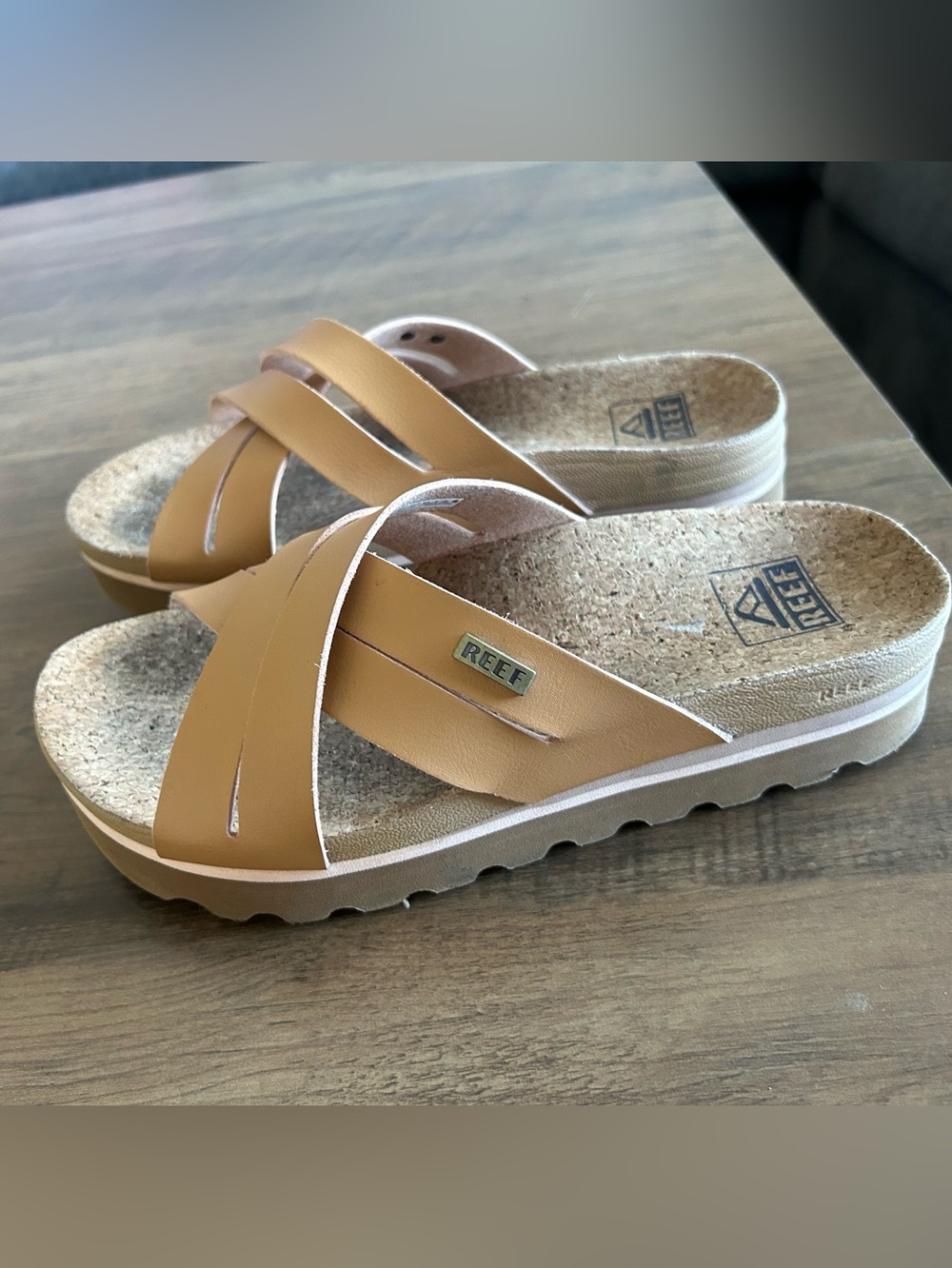 RARE REEF VISTA HIGH Tan Crossband Cork Footbed Slide Sandals Kaia cross 6 36